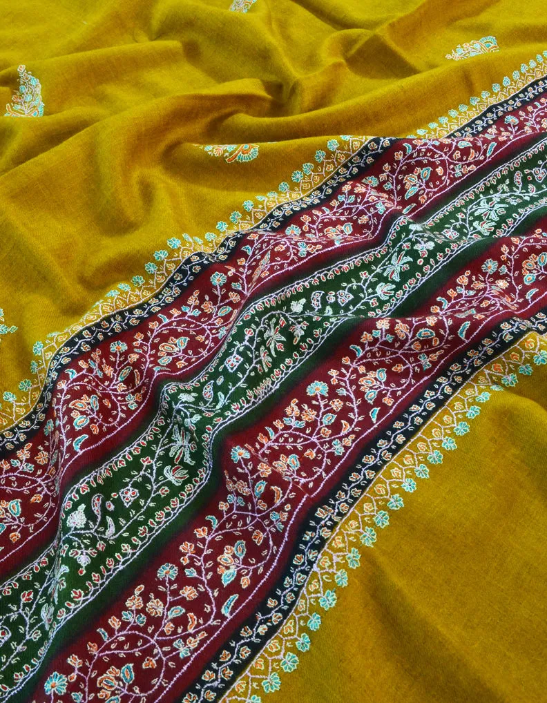 Mustard, Green & Maroon Sozni Pashmina Shawl 5398