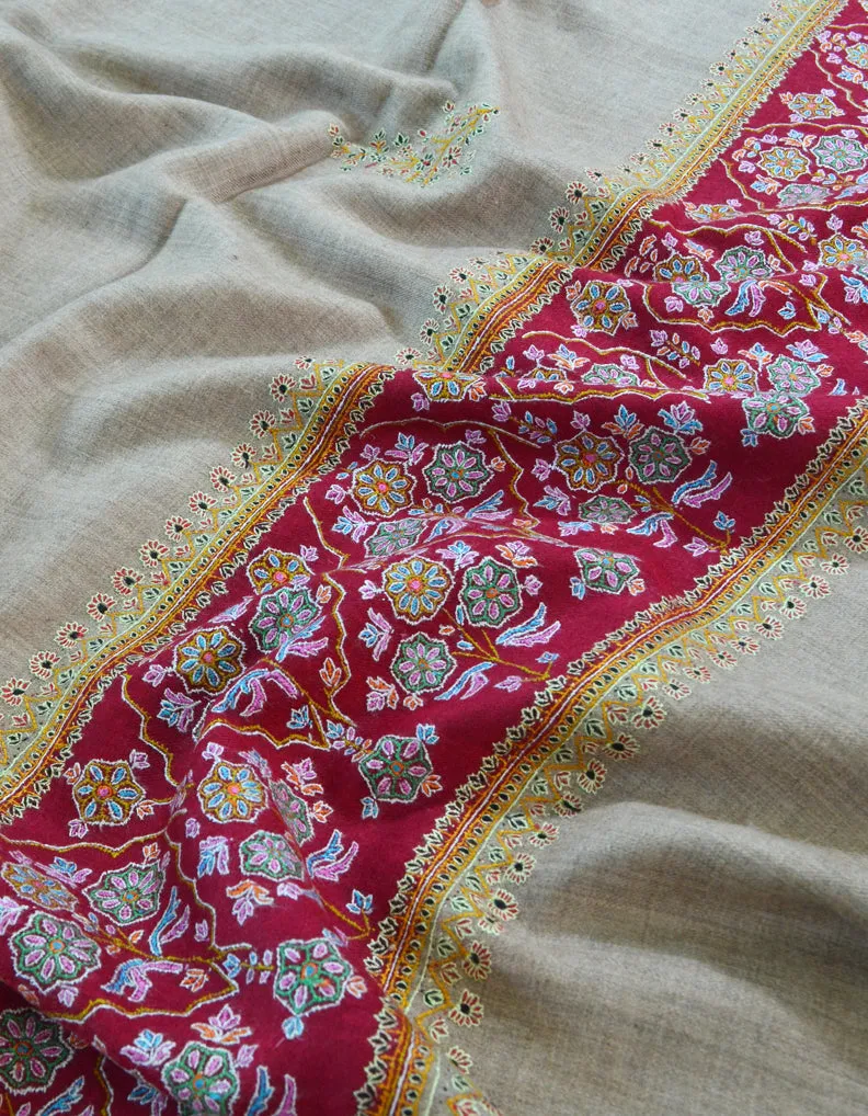 Natural & Maroon Pashmina Shawl With Sozni Work 5399