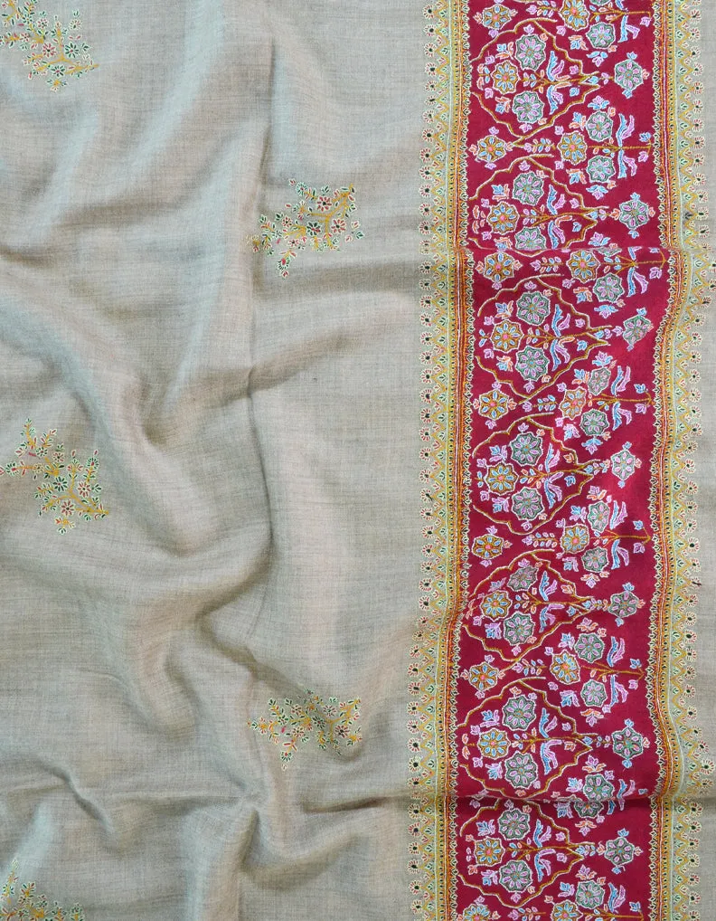 Natural & Maroon Pashmina Shawl With Sozni Work 5399