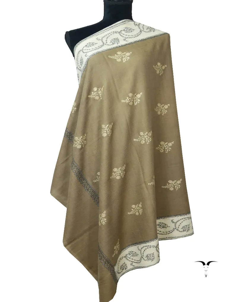 Natural & Off Whte Pashmina Shawl In Sozni Work 5992