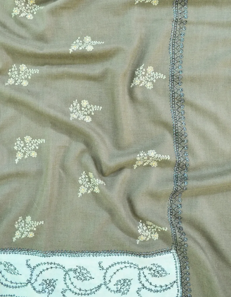 Natural & Off Whte Pashmina Shawl In Sozni Work 5992