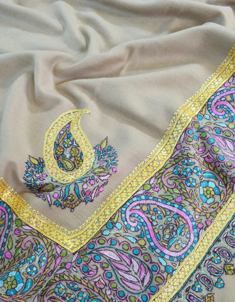Natural Pashmina Shawl With Sozni & Tilla Work 5476