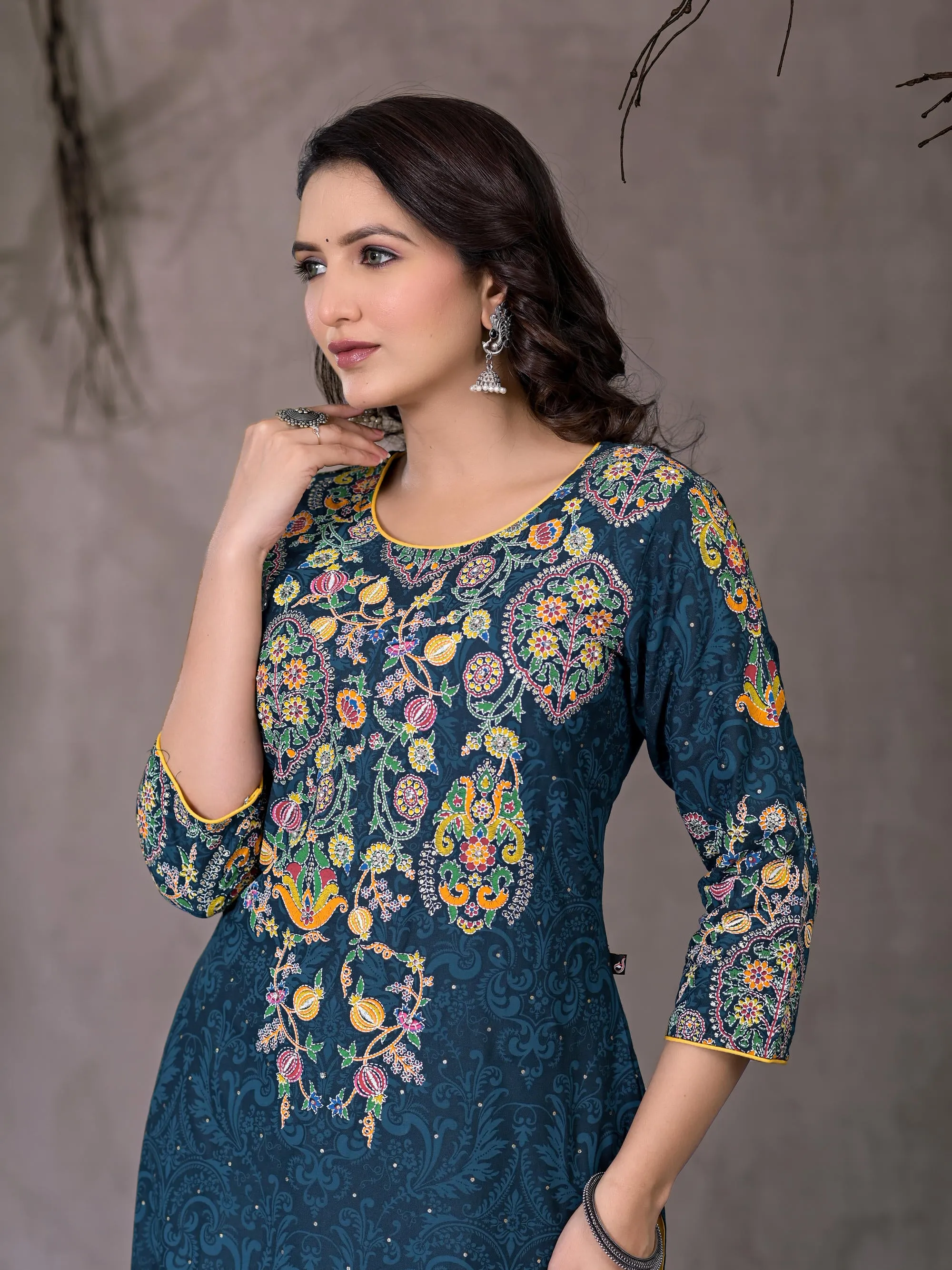 Navy Thread Work Embroidered Liva Rayon Kurta With Sequins & Beads