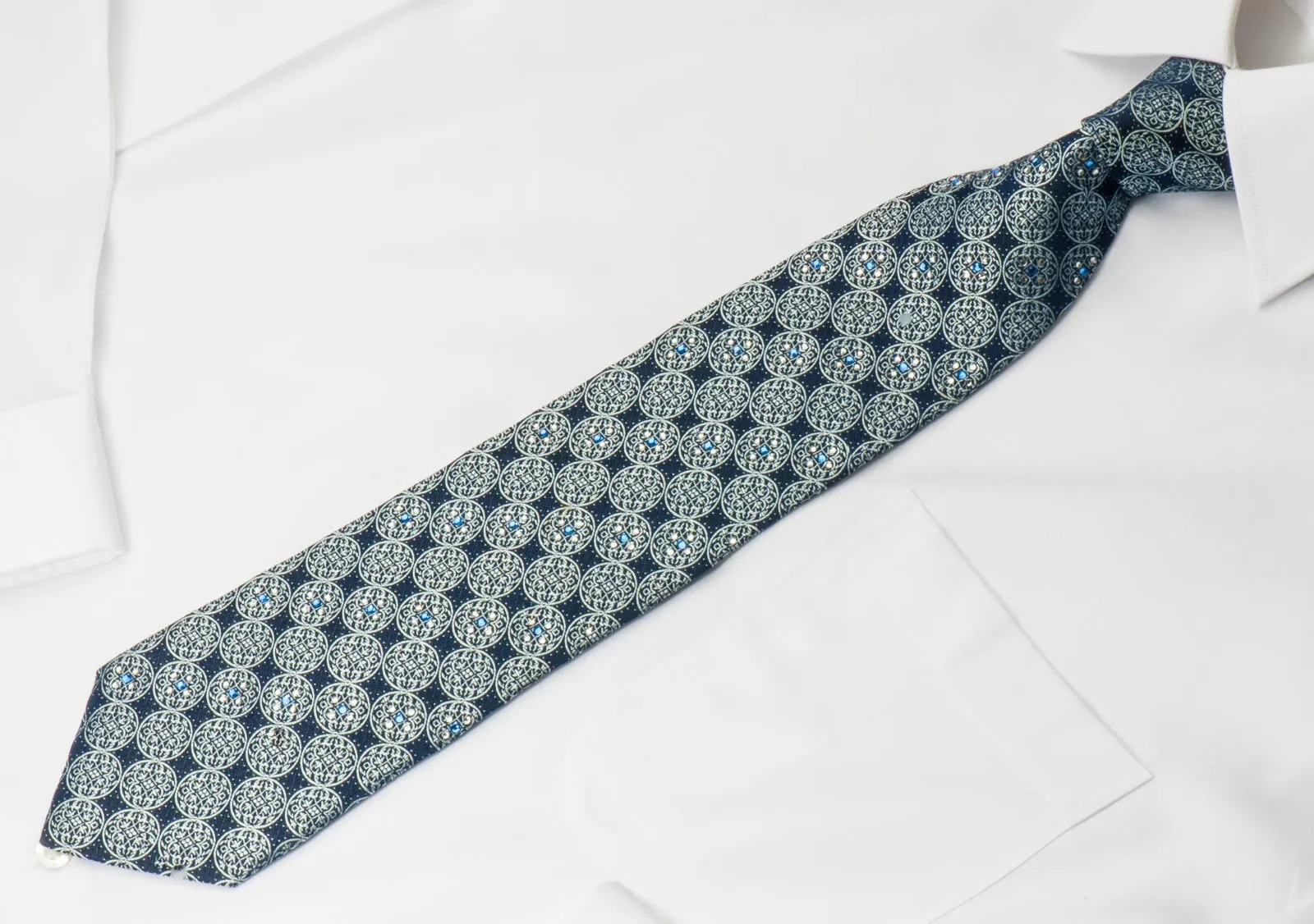 Nina Ricci Silk Necktie Medallions On Blue With Crystal Rhinestones