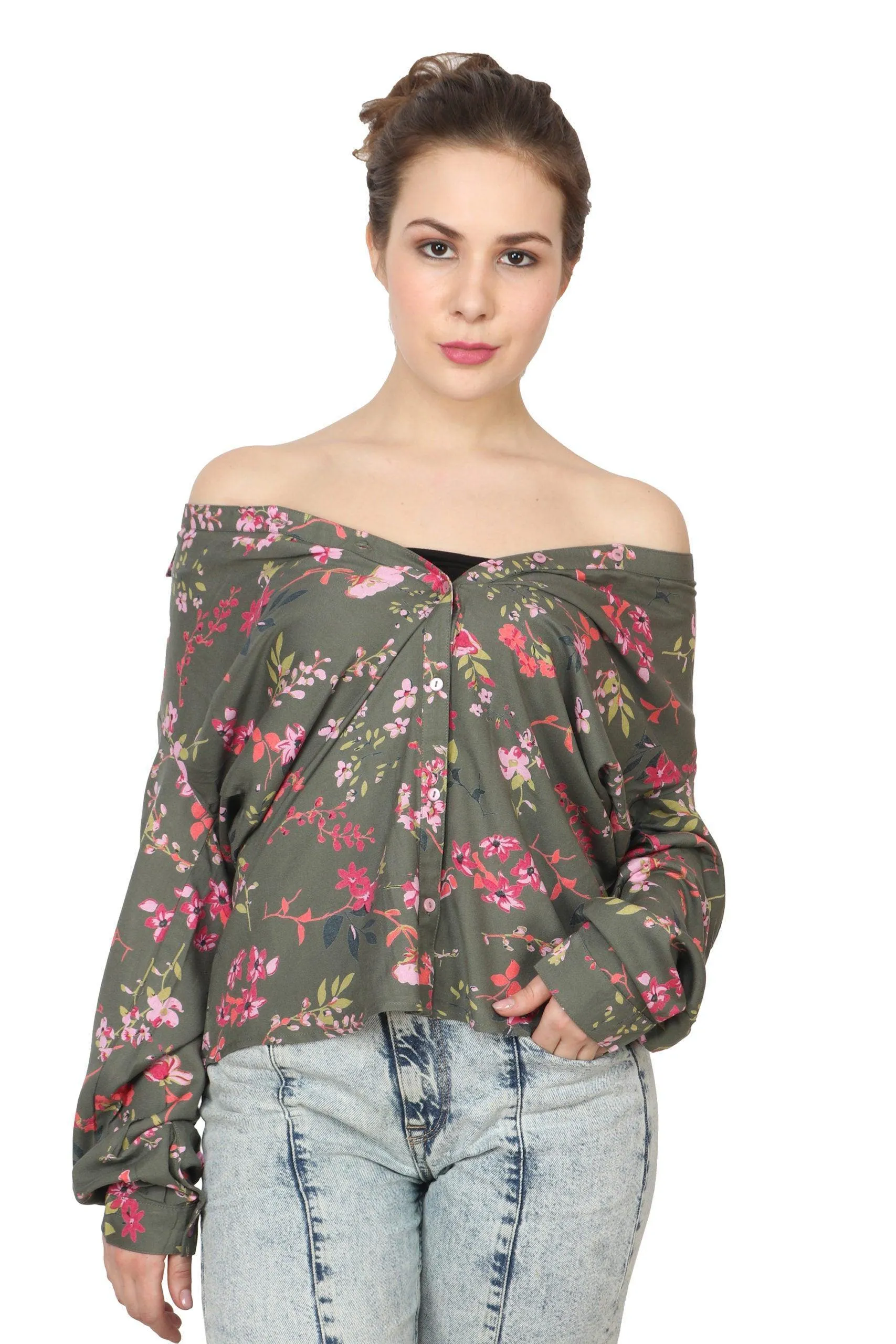 Olive Green Floral Printed Shirt