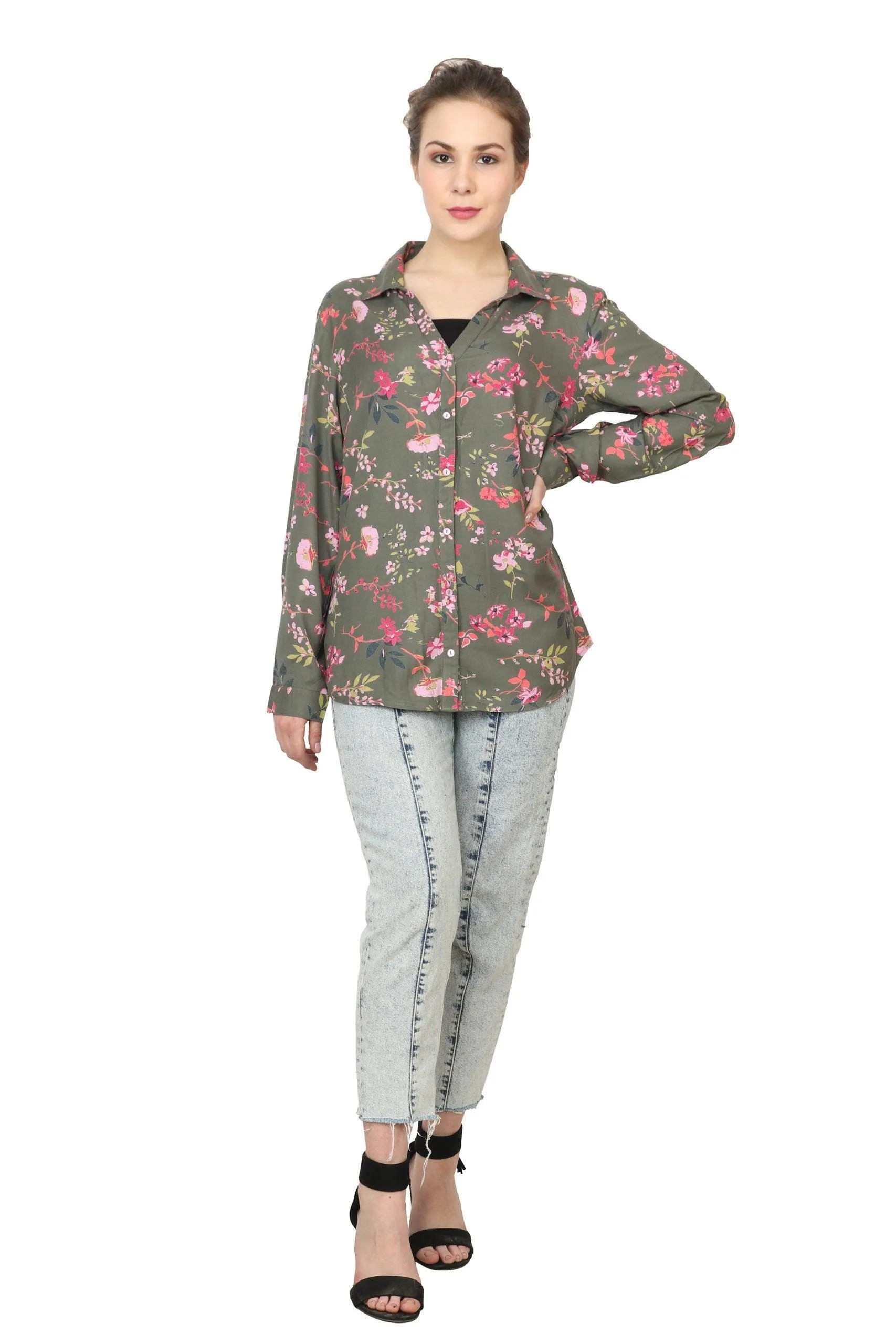 Olive Green Floral Printed Shirt