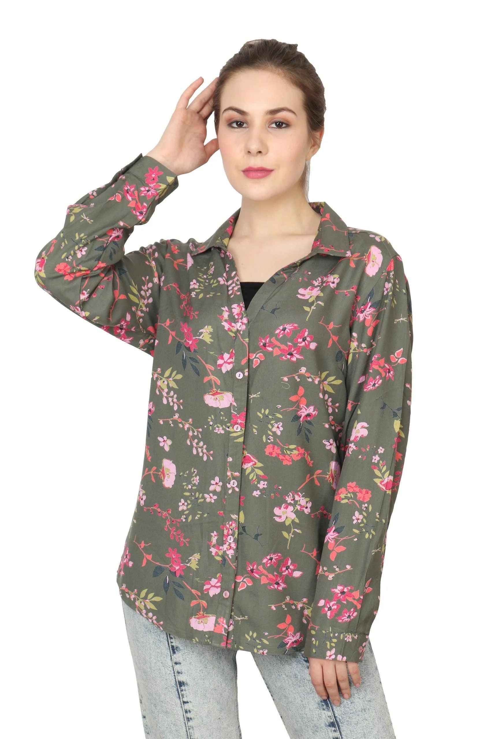 Olive Green Floral Printed Shirt