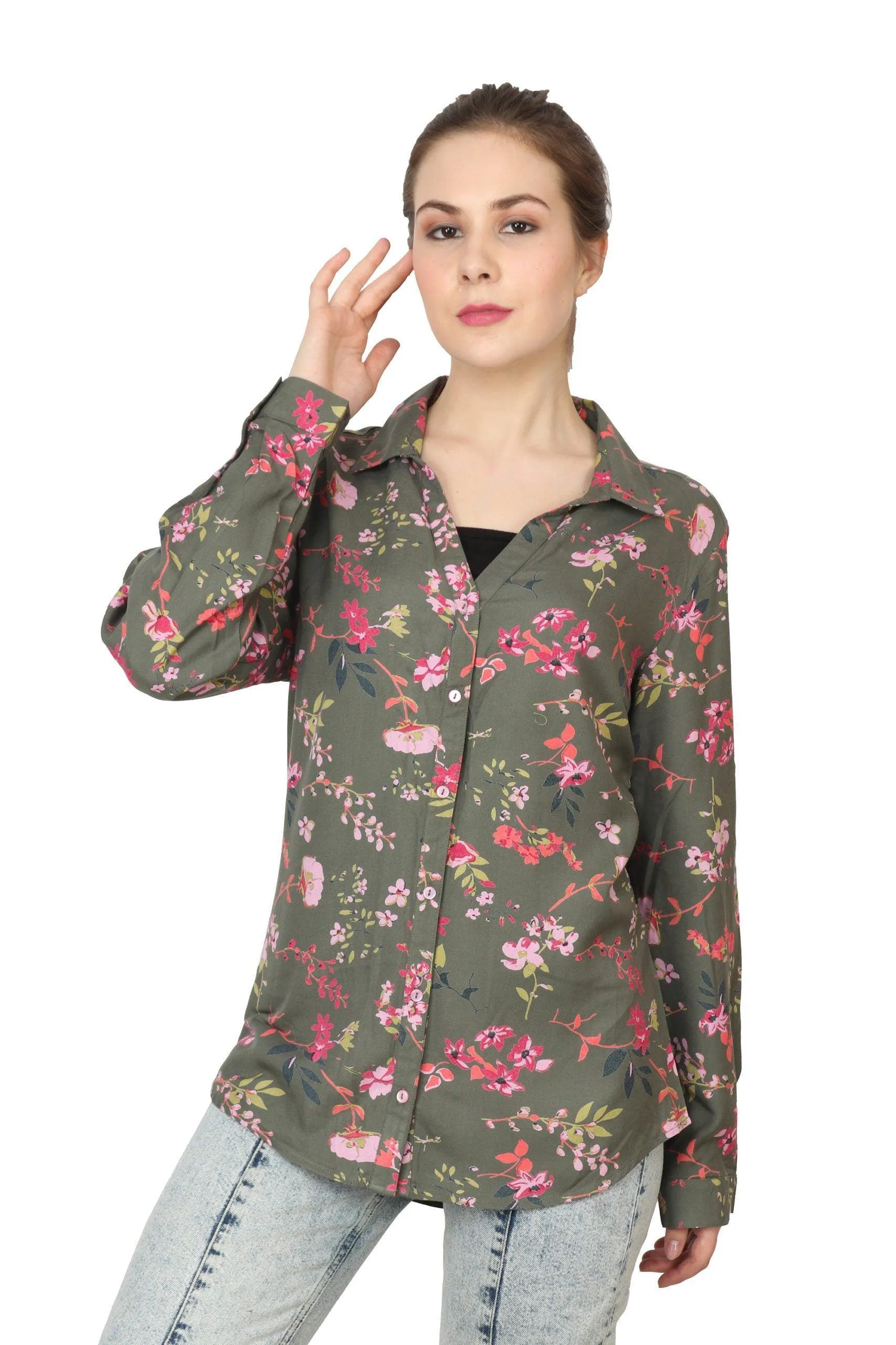 Olive Green Floral Printed Shirt