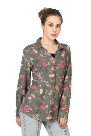 Olive Green Floral Printed Shirt