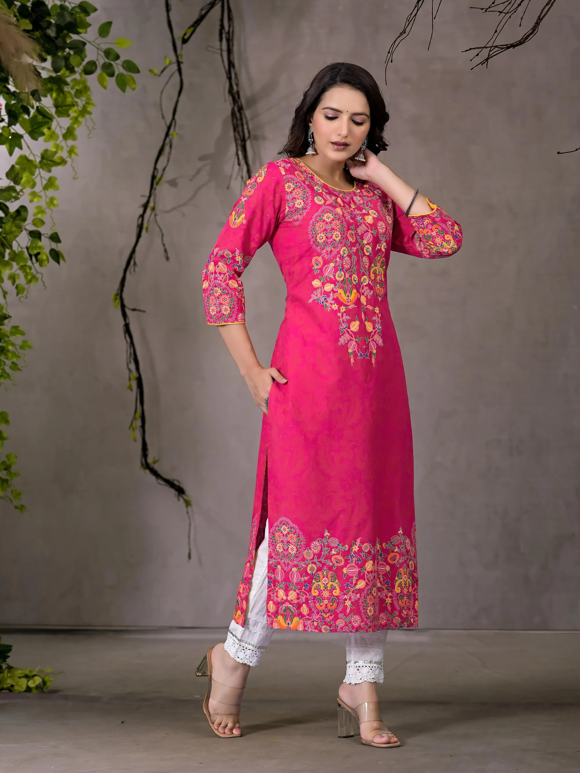Pink Thread Embroidered Liva Rayon Kurta With Sequins & Beads