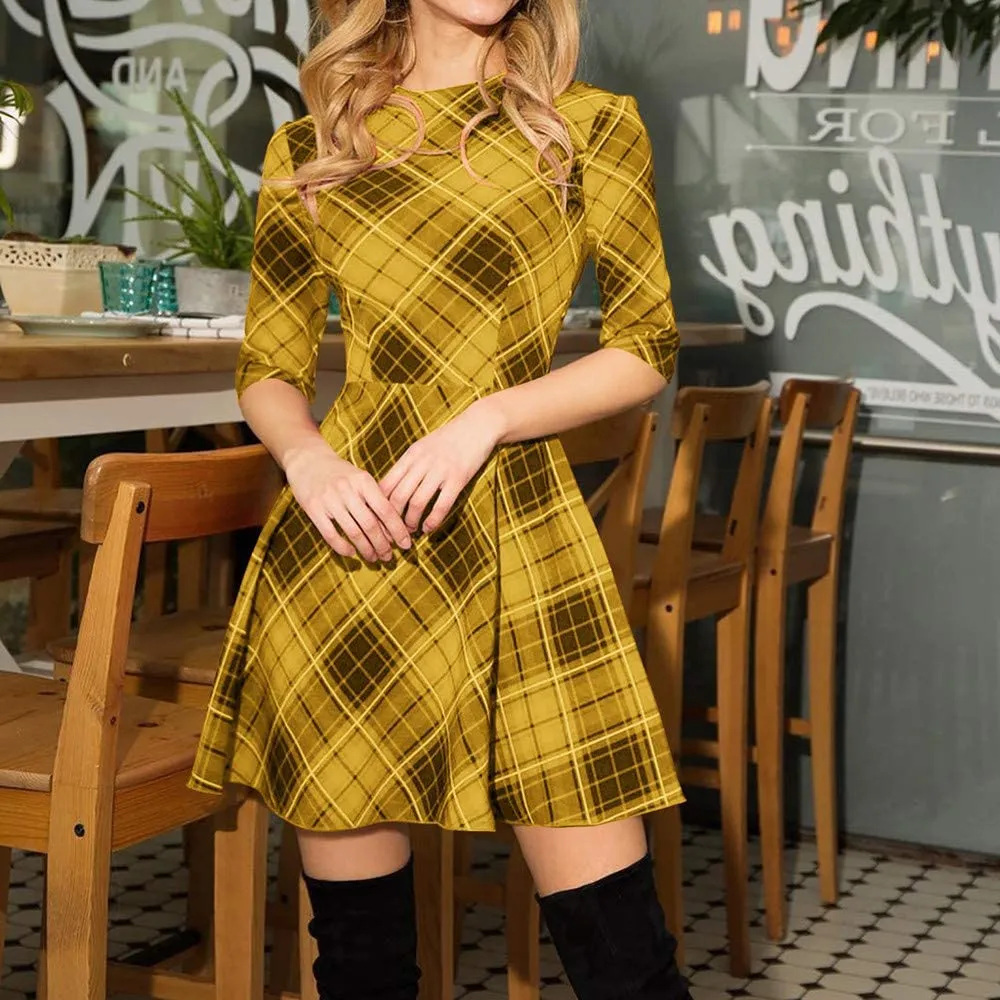 Plaid Dress 3/4 Sleeve Slim  Mini Dress