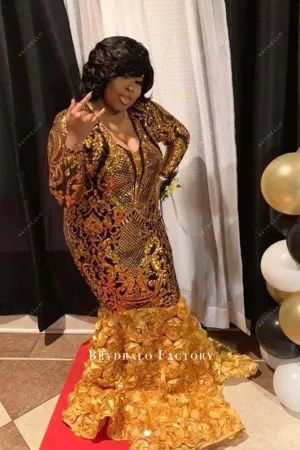 Plus Size Gold Sequined Embroidery 3D Roses Trumpet Prom Dress