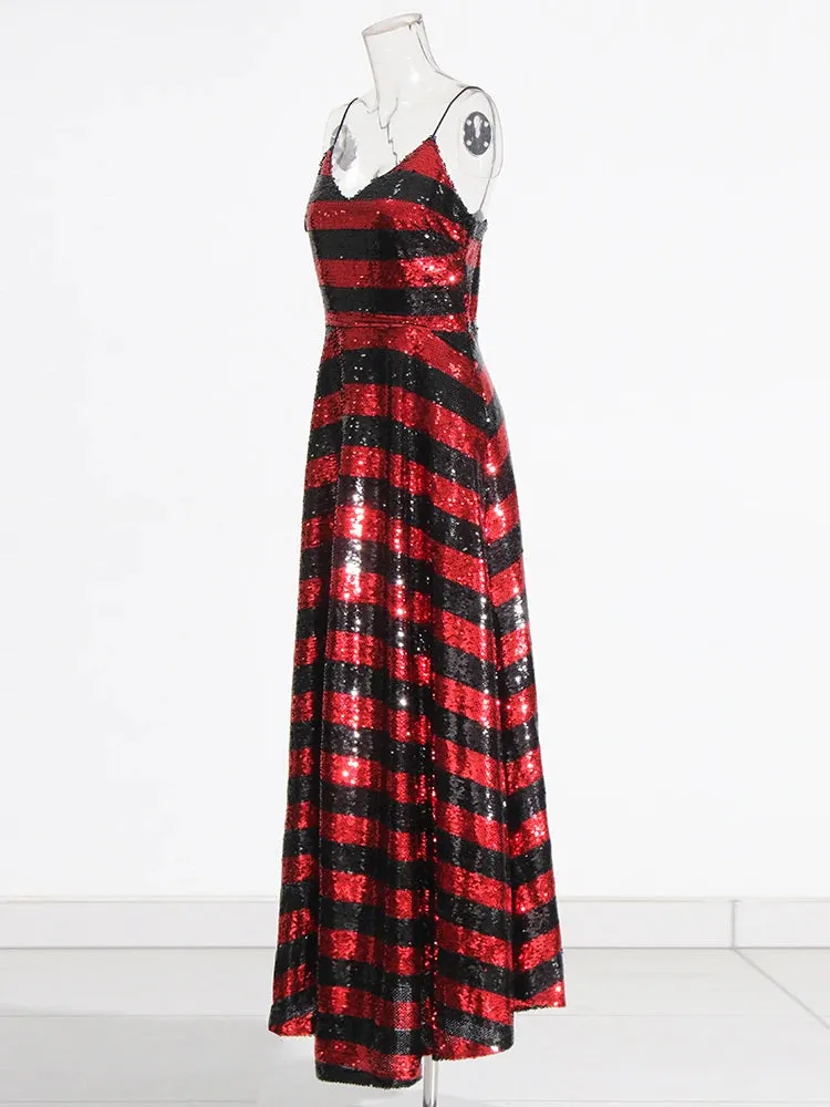 Pre Order:  Shimmering Sequined Sleeveless Stripes Dress