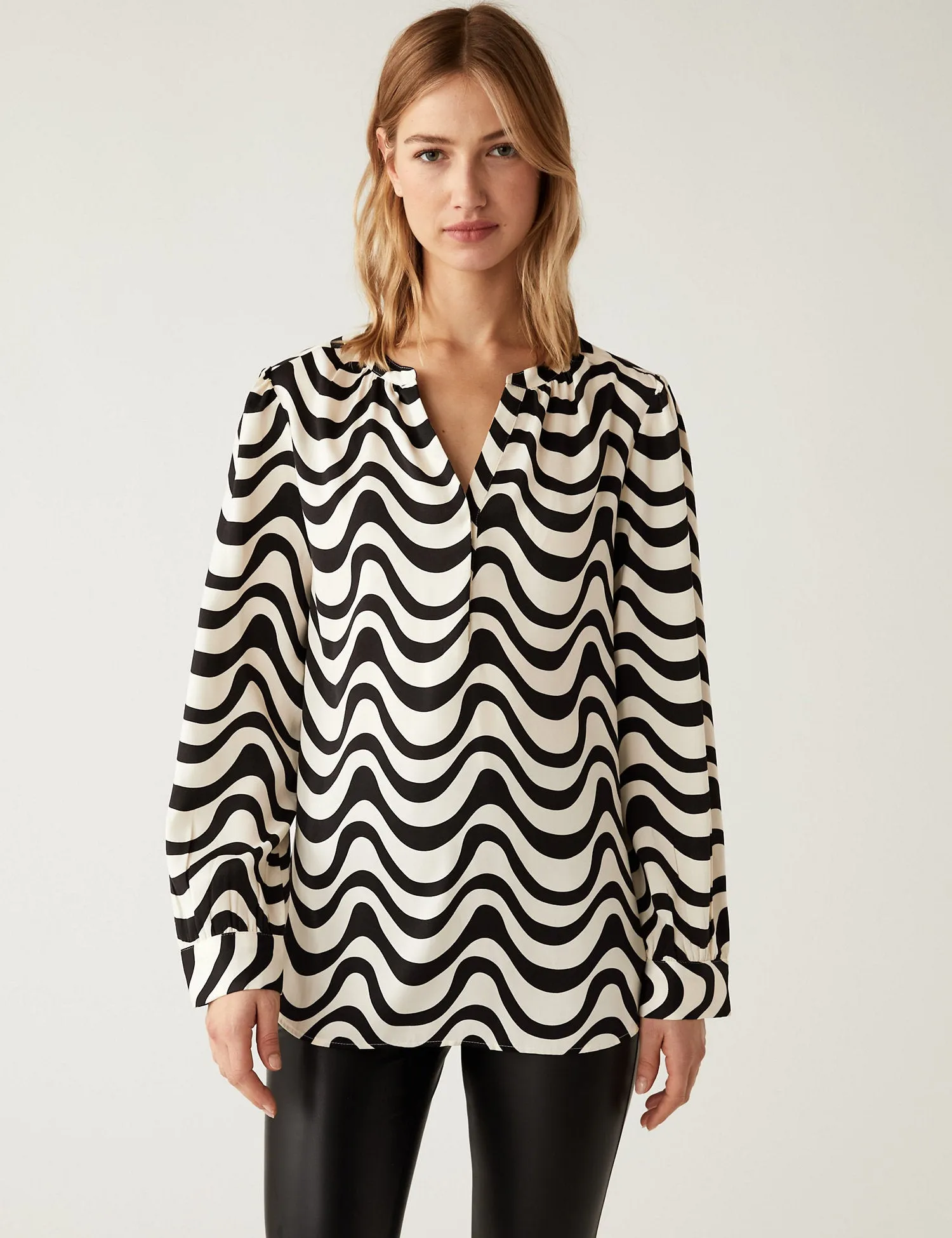 Printed V Neck Popover Blouse