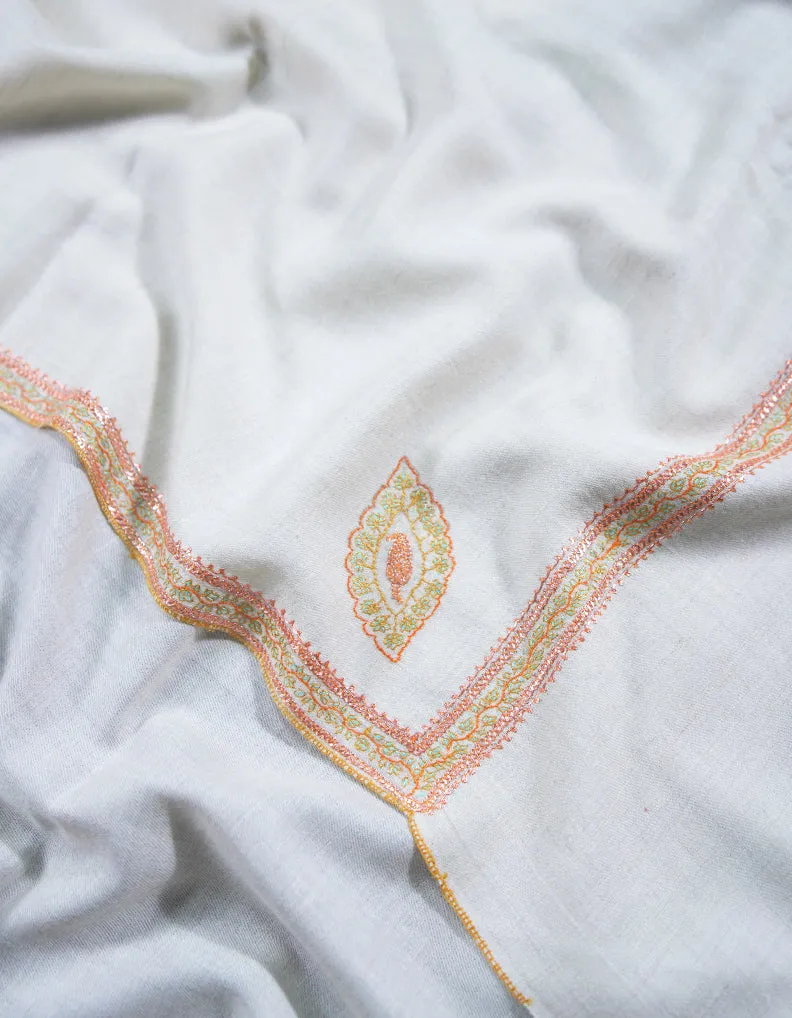 pure white tilla embroidery pashmina shawl 8849