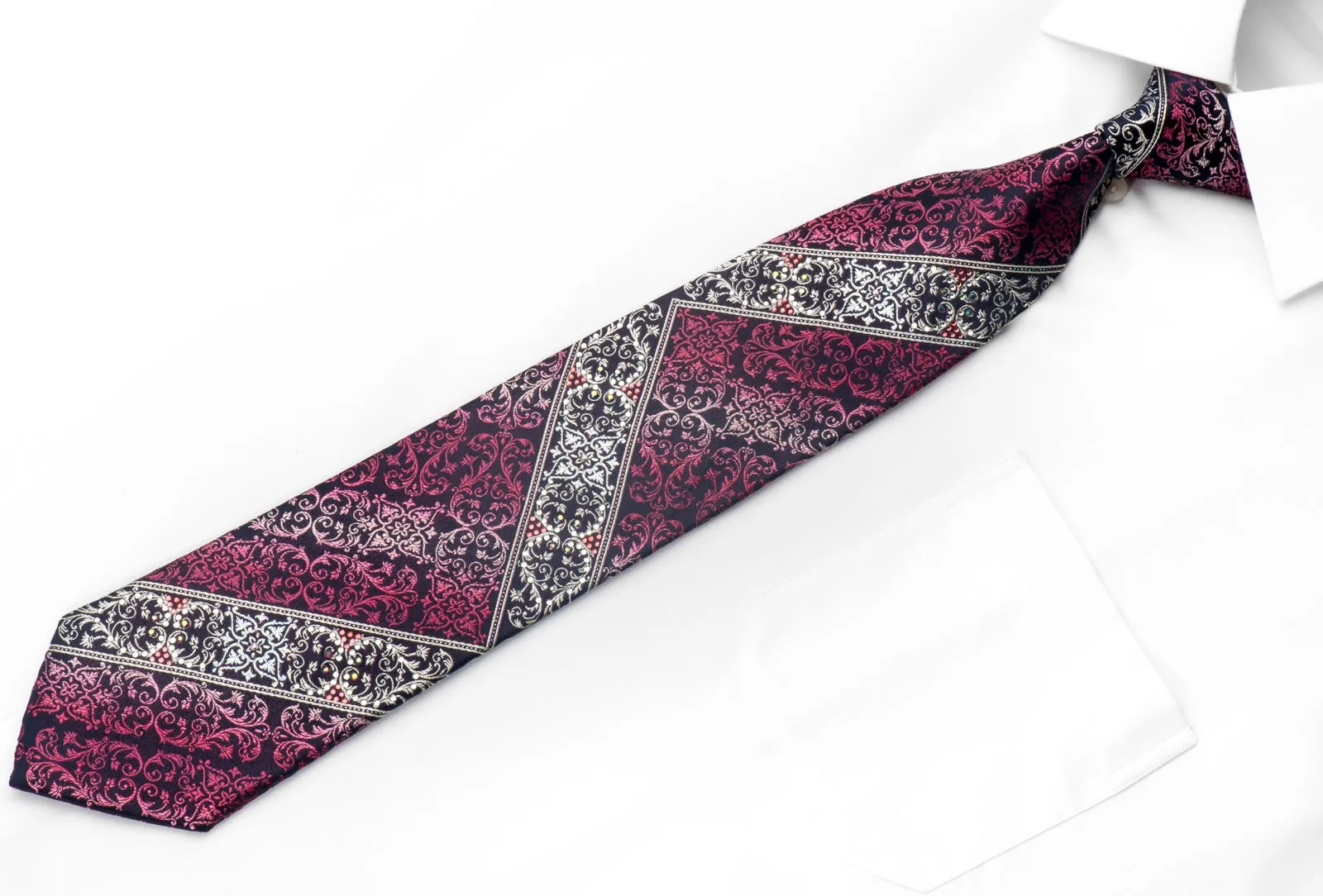 Purple Silver Acanthus On Navy Rhinestone Tie With Silver Sparkles