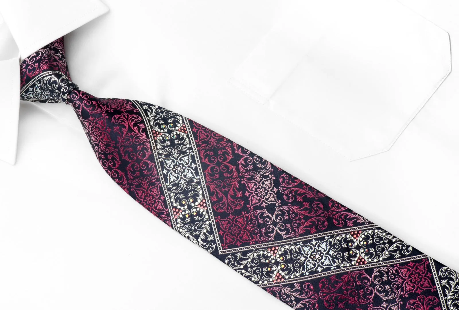 Purple Silver Acanthus On Navy Rhinestone Tie With Silver Sparkles