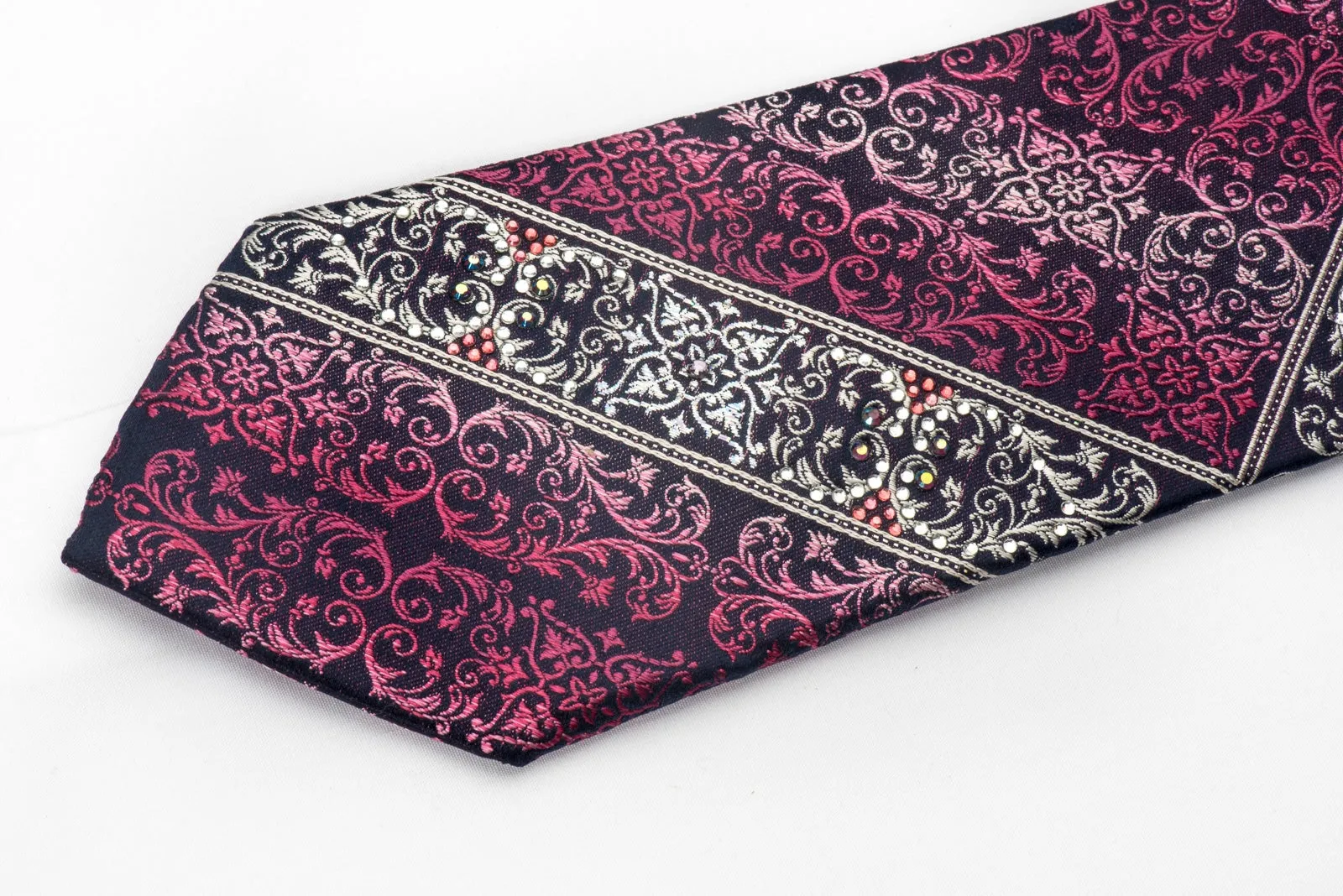 Purple Silver Acanthus On Navy Rhinestone Tie With Silver Sparkles