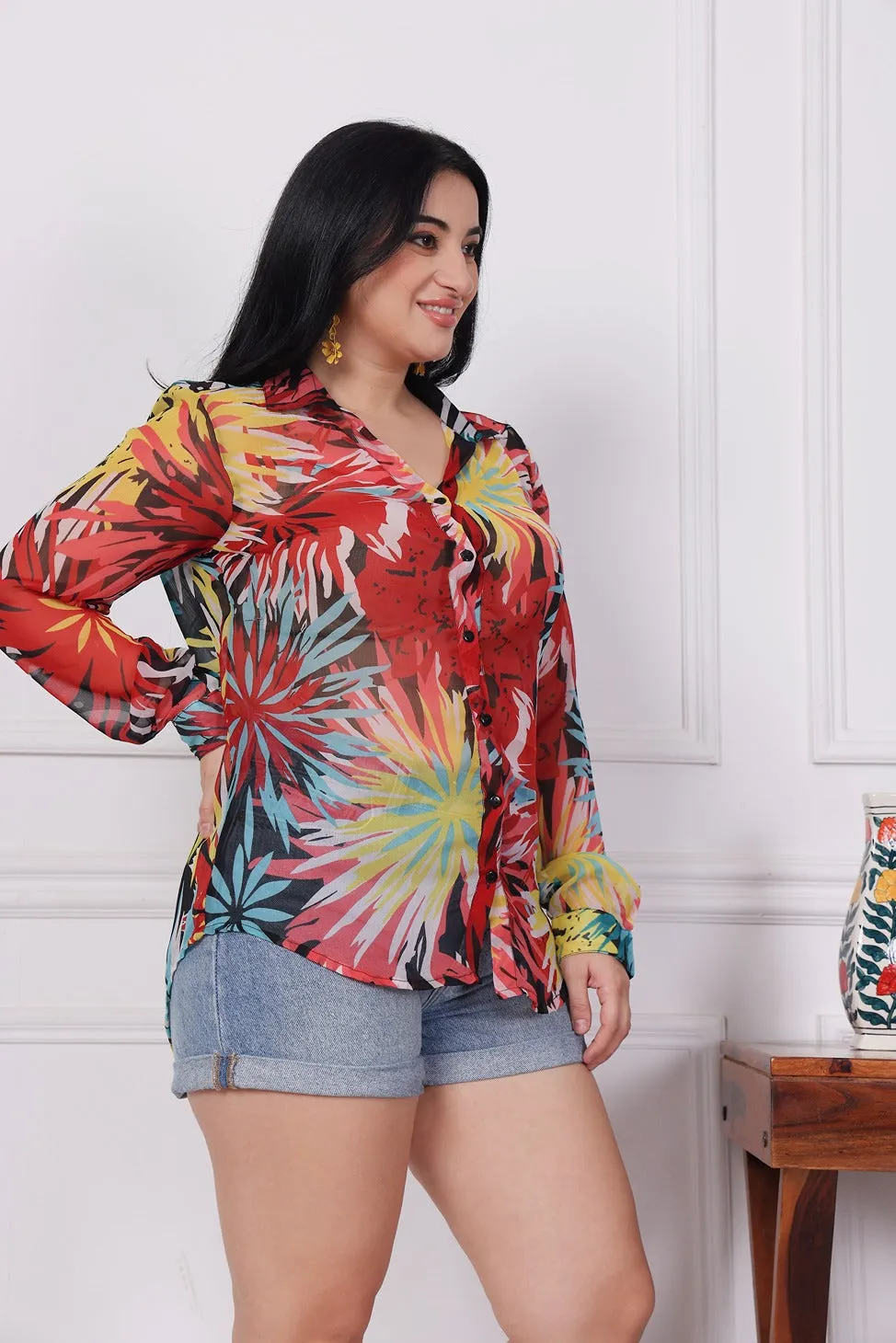Red & Black Floral Printed Shirt