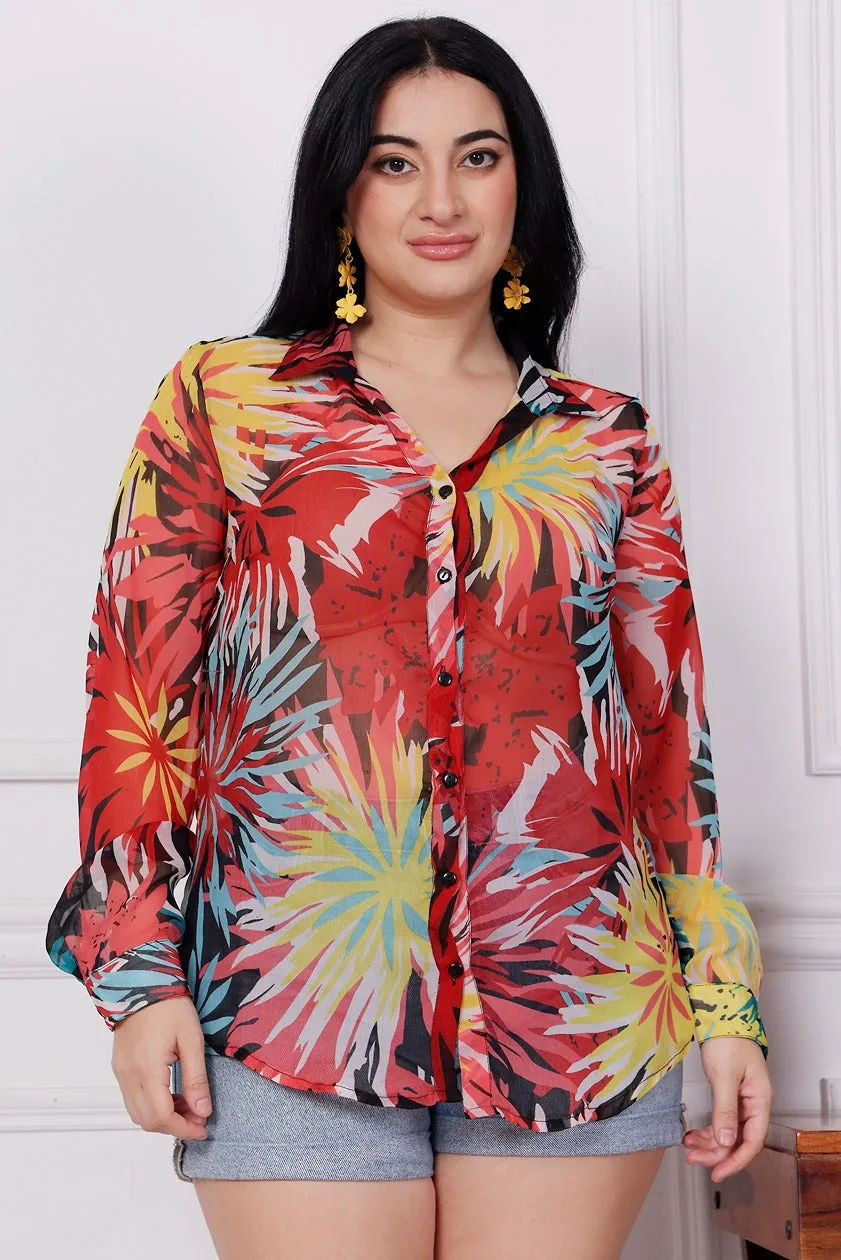 Red & Black Floral Printed Shirt