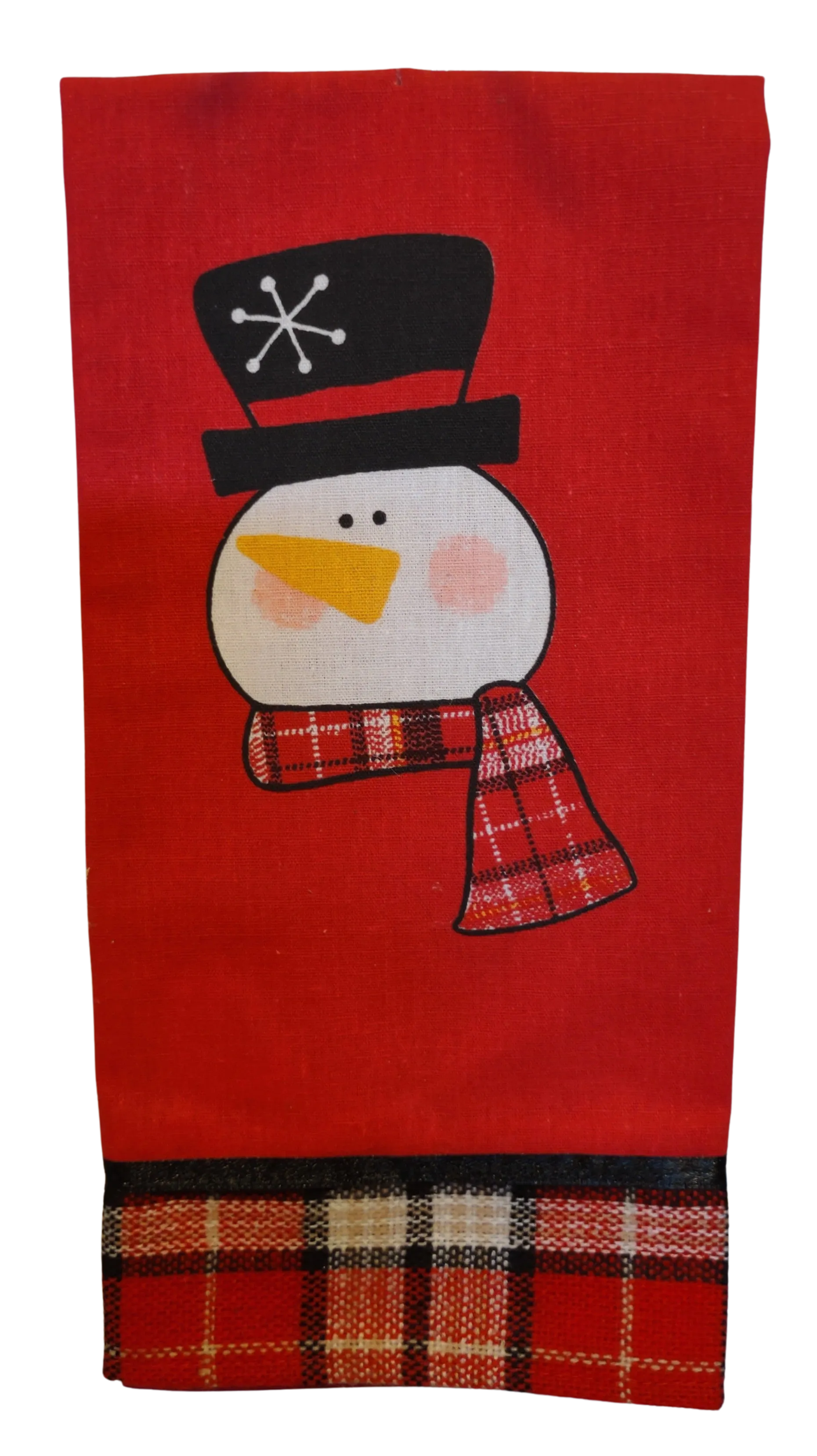 Red & Plaid Kitchen Towel with Snowman with Black Hat/Red Plaid Scarf 12"