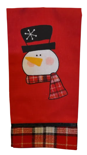 Red & Plaid Kitchen Towel with Snowman with Black Hat/Red Plaid Scarf 12"