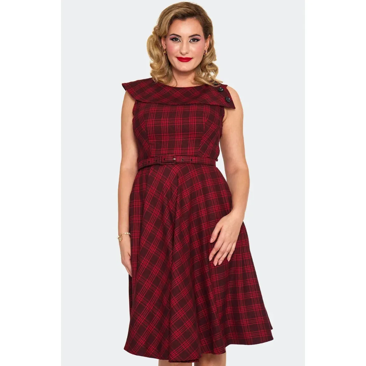 Red Check Tartan Round Neck 60s Flare Dress