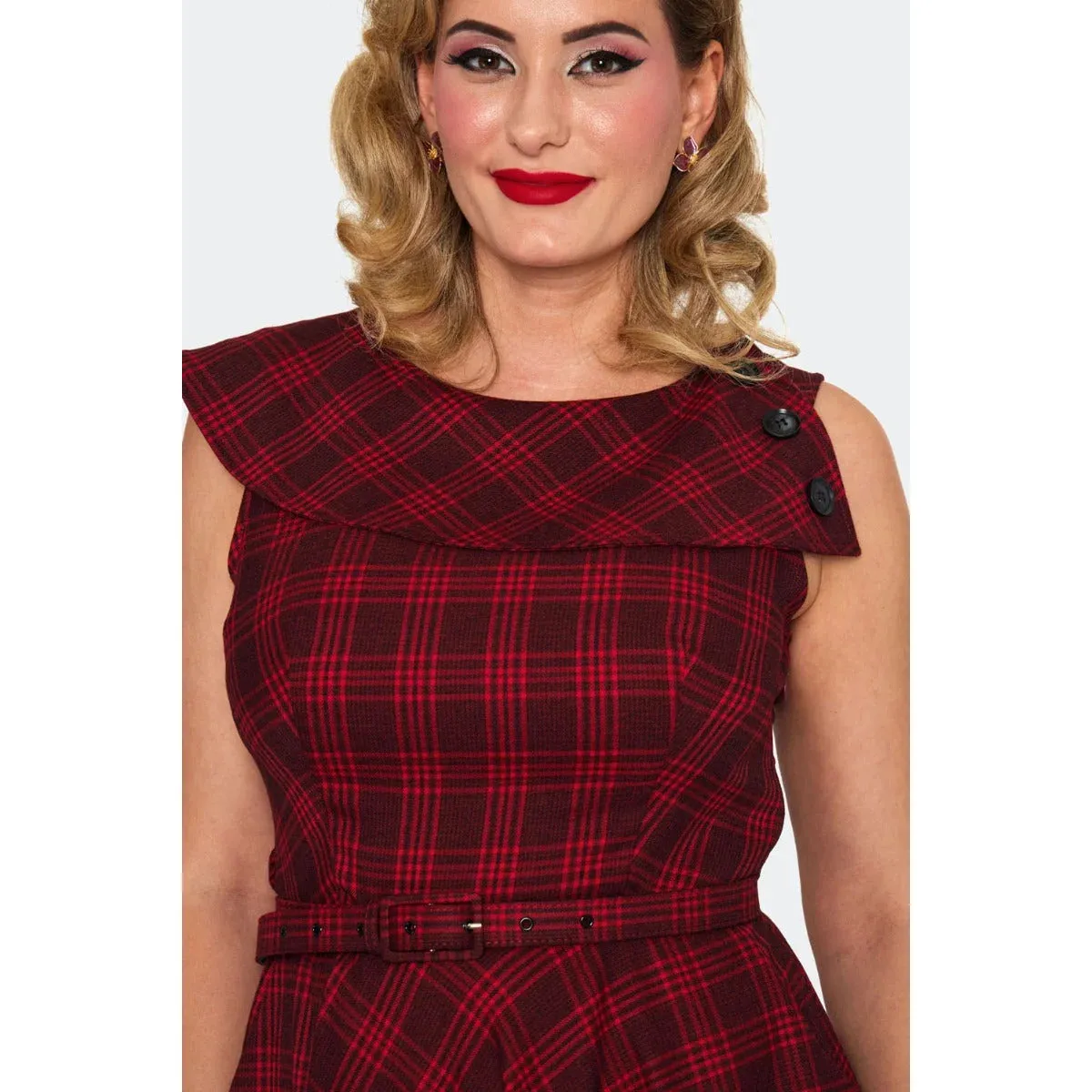 Red Check Tartan Round Neck 60s Flare Dress