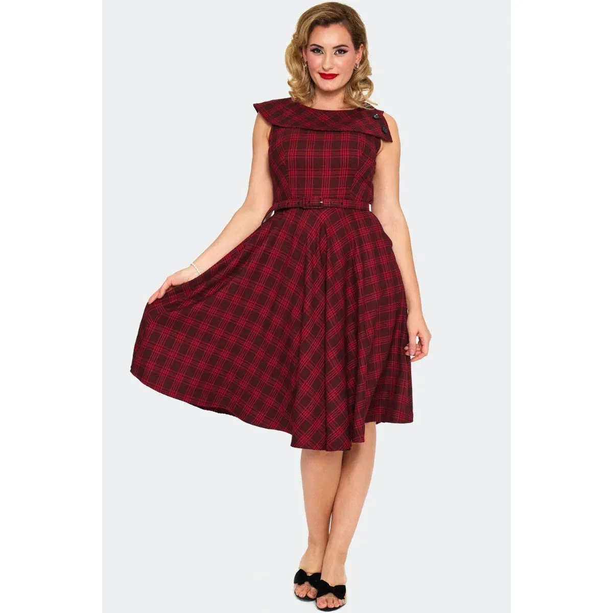 Red Check Tartan Round Neck 60s Flare Dress
