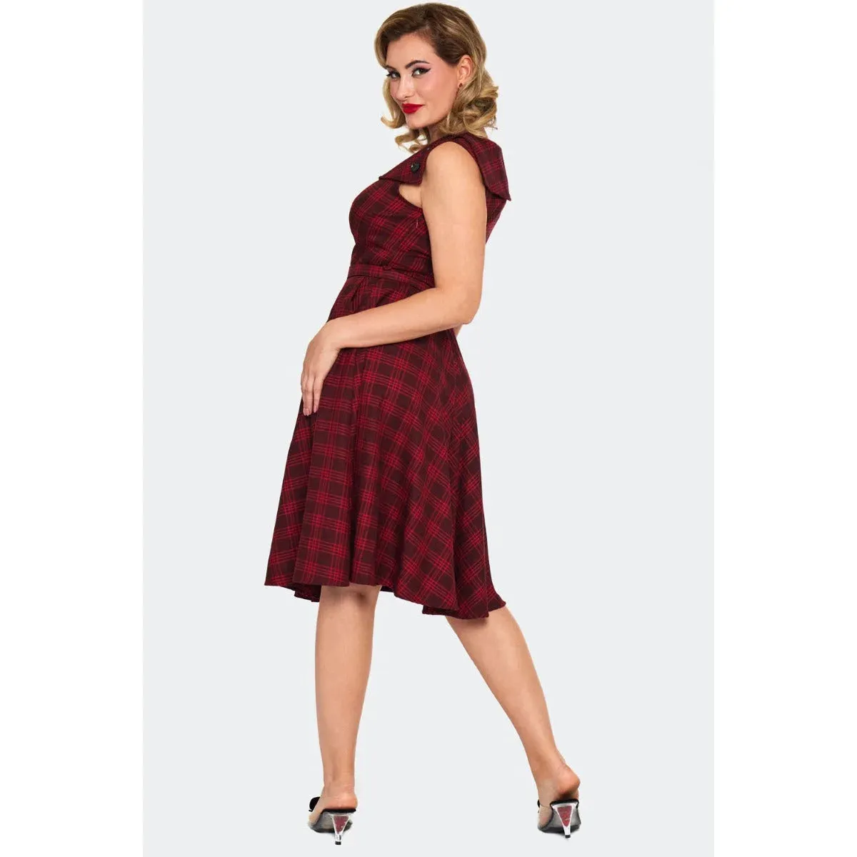 Red Check Tartan Round Neck 60s Flare Dress