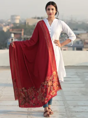 Red Needle Point Embroidered Woollen Kashmiri Shawl - S200518