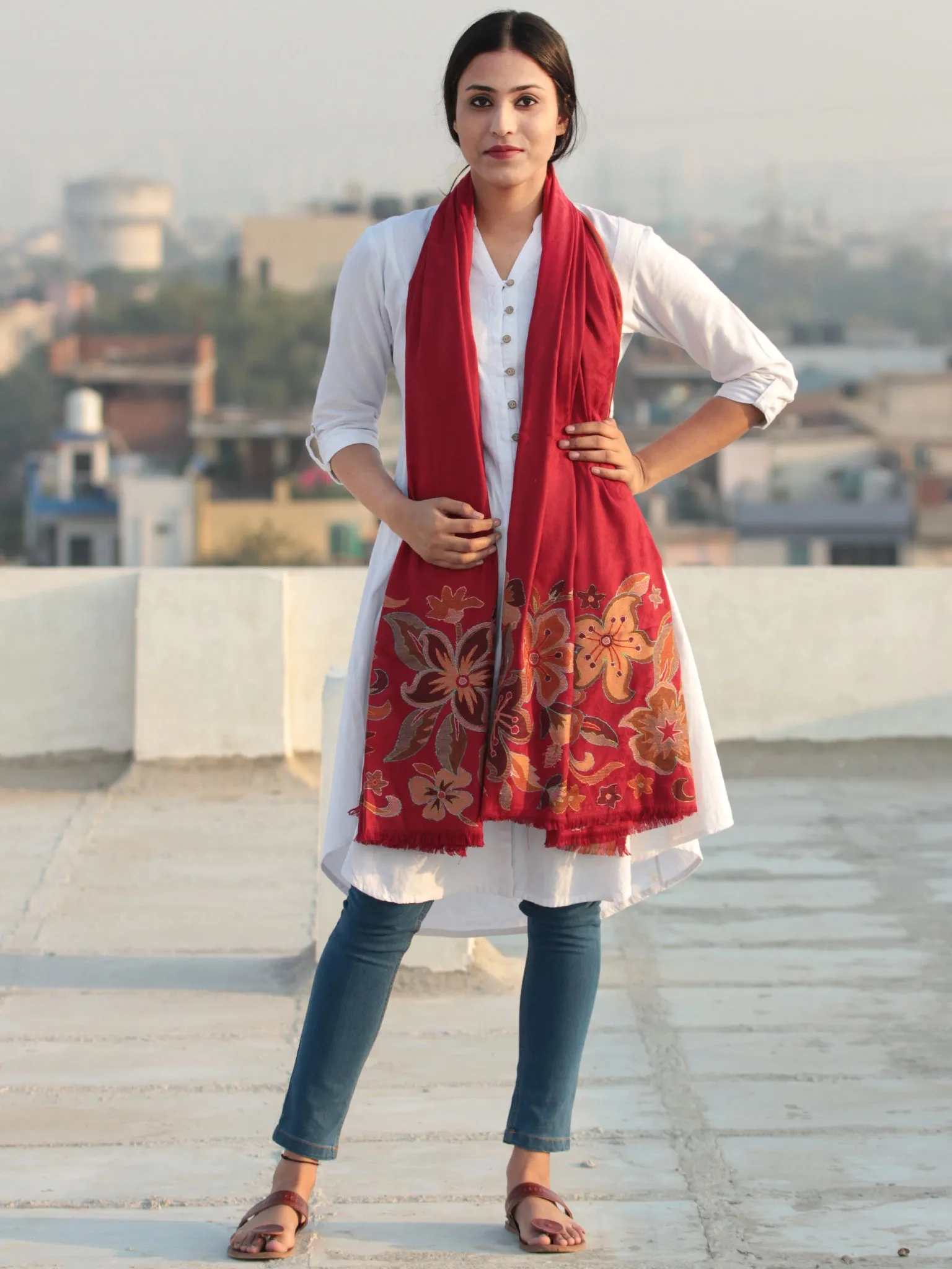 Red Needle Point Embroidered Woollen Kashmiri Shawl - S200518