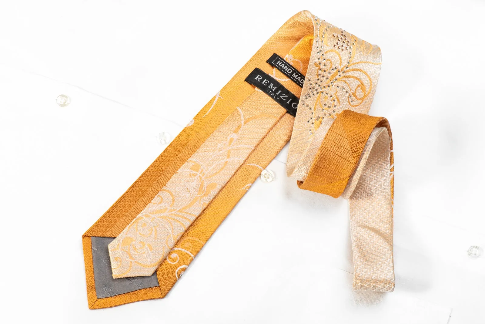 Remizio Men's Crystal Rhinestone Silk Necktie Scrolls On Peach Orange With Sparkles