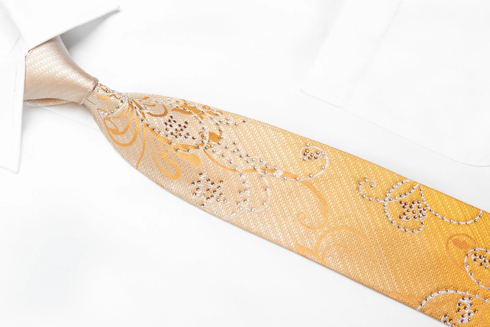 Remizio Men's Crystal Rhinestone Silk Necktie Scrolls On Peach Orange With Sparkles