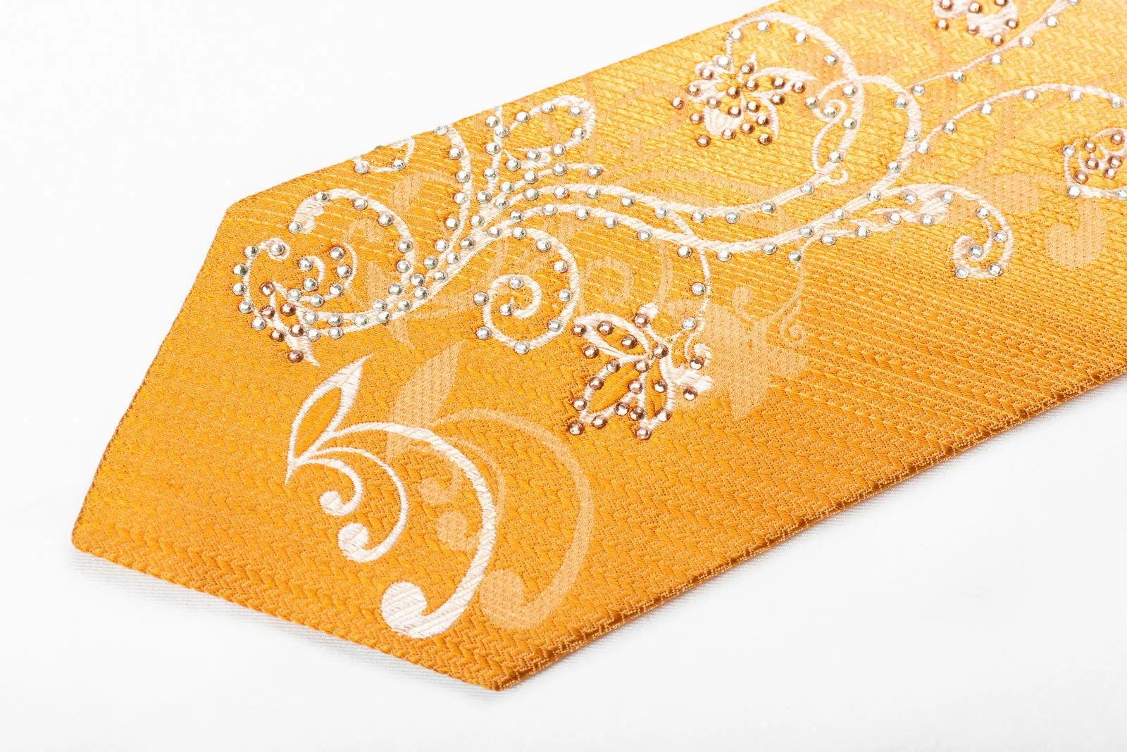 Remizio Men's Crystal Rhinestone Silk Necktie Scrolls On Peach Orange With Sparkles