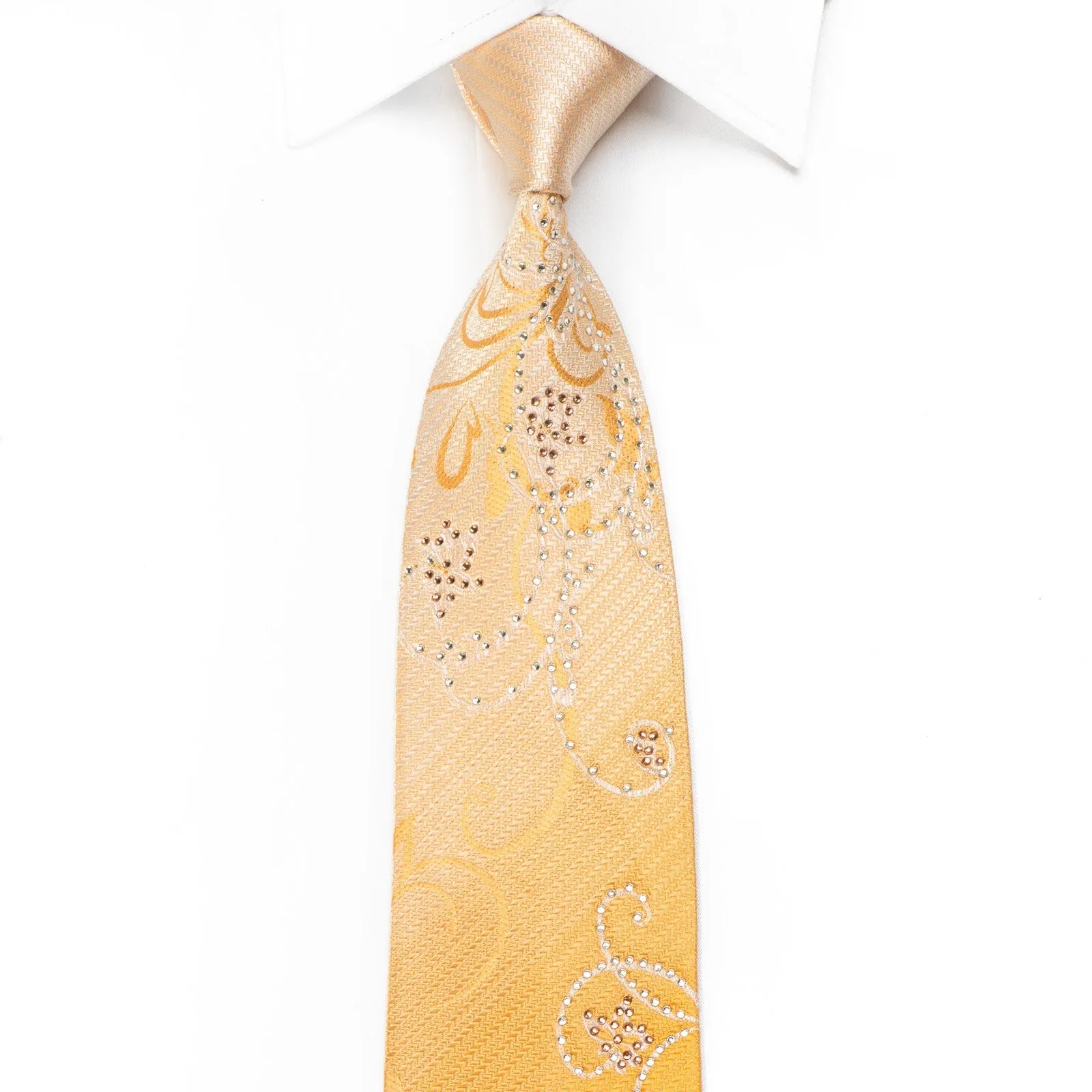 Remizio Men's Crystal Rhinestone Silk Necktie Scrolls On Peach Orange With Sparkles