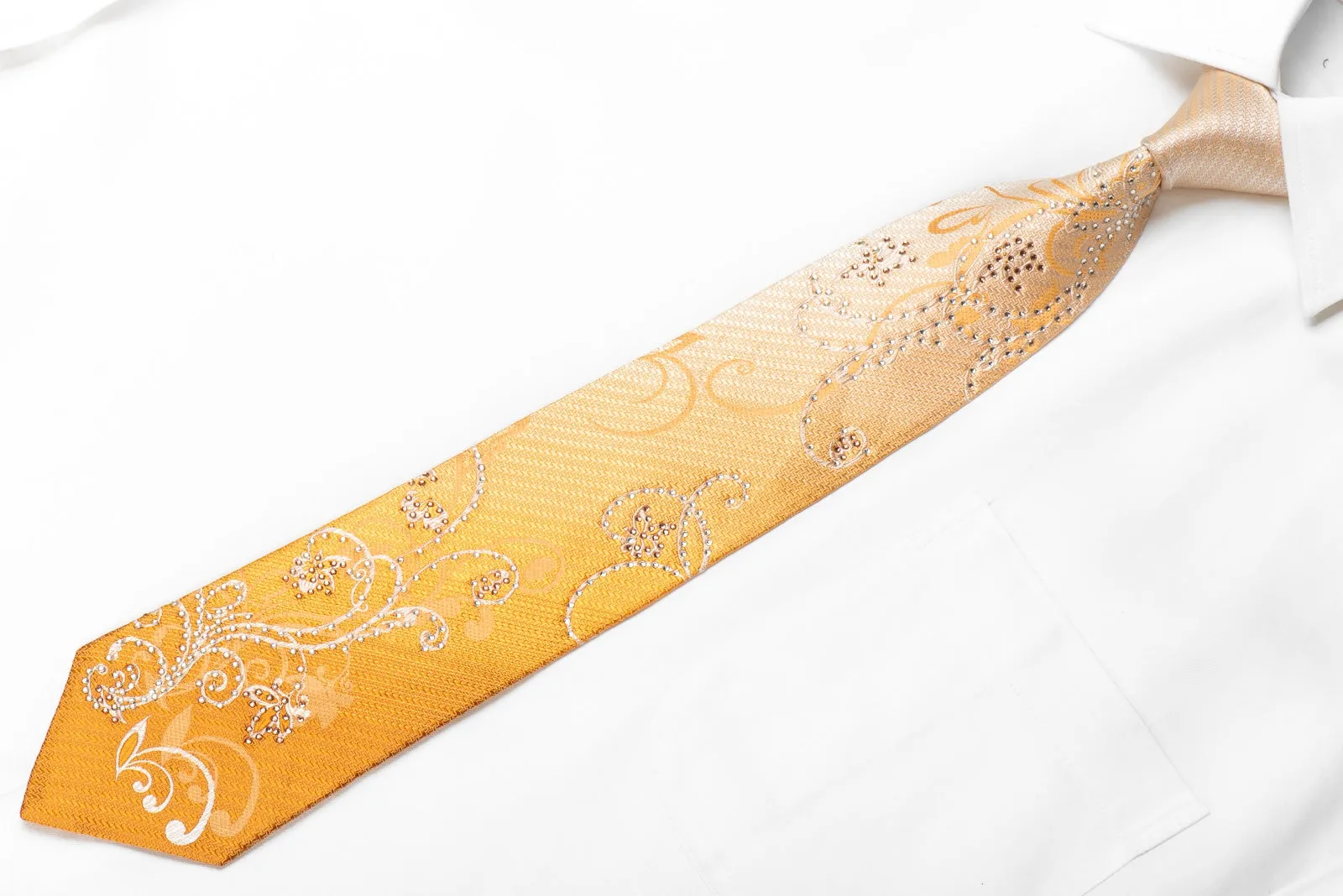 Remizio Men's Crystal Rhinestone Silk Necktie Scrolls On Peach Orange With Sparkles