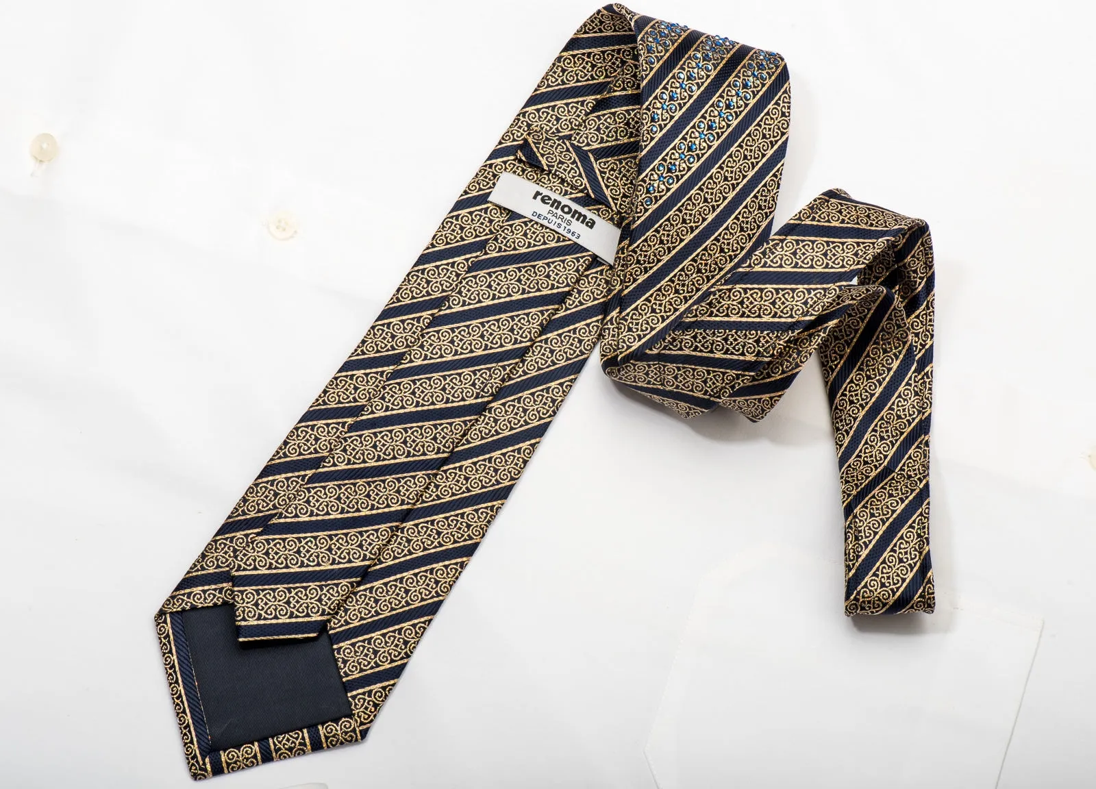 Renoma Men's Silk Necktie Gold Cartouche Striped On Navy Sparkling With Rhinestones
