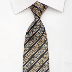 Renoma Men's Silk Necktie Gold Cartouche Striped On Navy Sparkling With Rhinestones