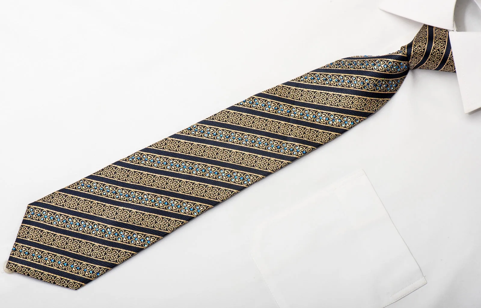 Renoma Men's Silk Necktie Gold Cartouche Striped On Navy Sparkling With Rhinestones