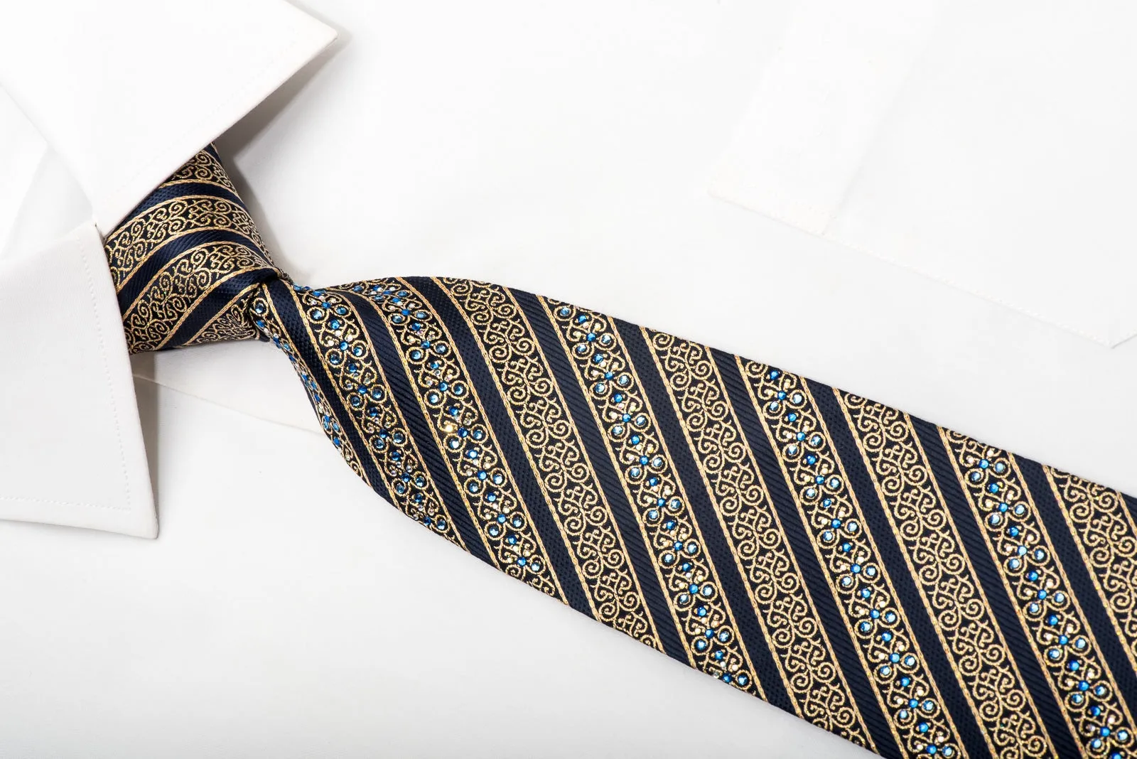 Renoma Men's Silk Necktie Gold Cartouche Striped On Navy Sparkling With Rhinestones