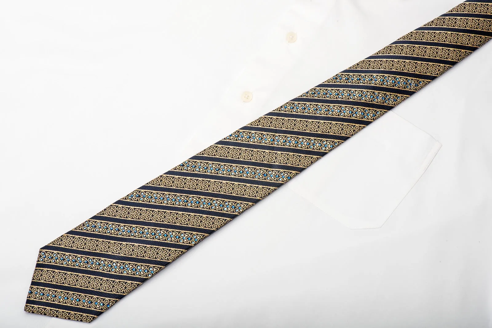 Renoma Men's Silk Necktie Gold Cartouche Striped On Navy Sparkling With Rhinestones