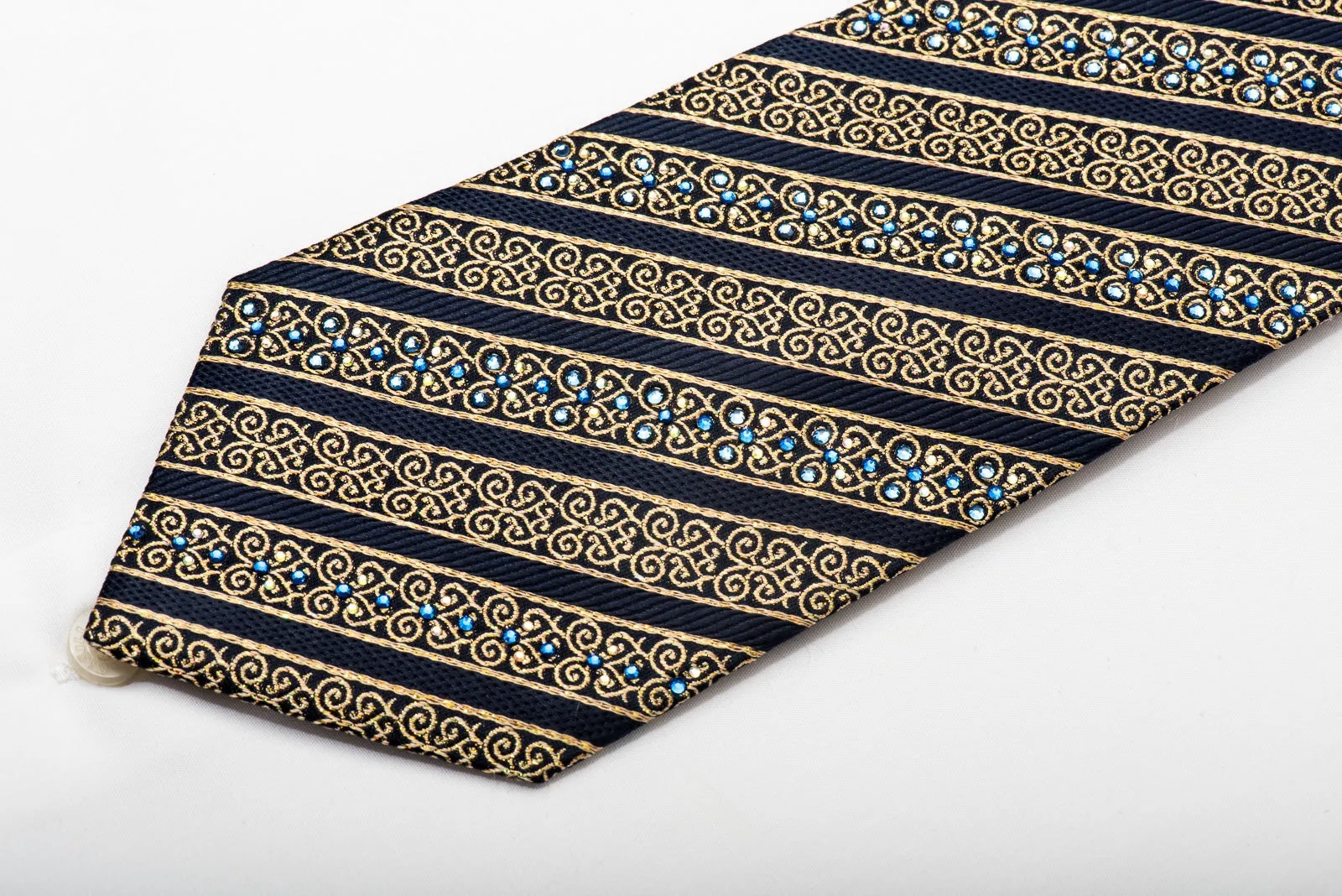 Renoma Men's Silk Necktie Gold Cartouche Striped On Navy Sparkling With Rhinestones