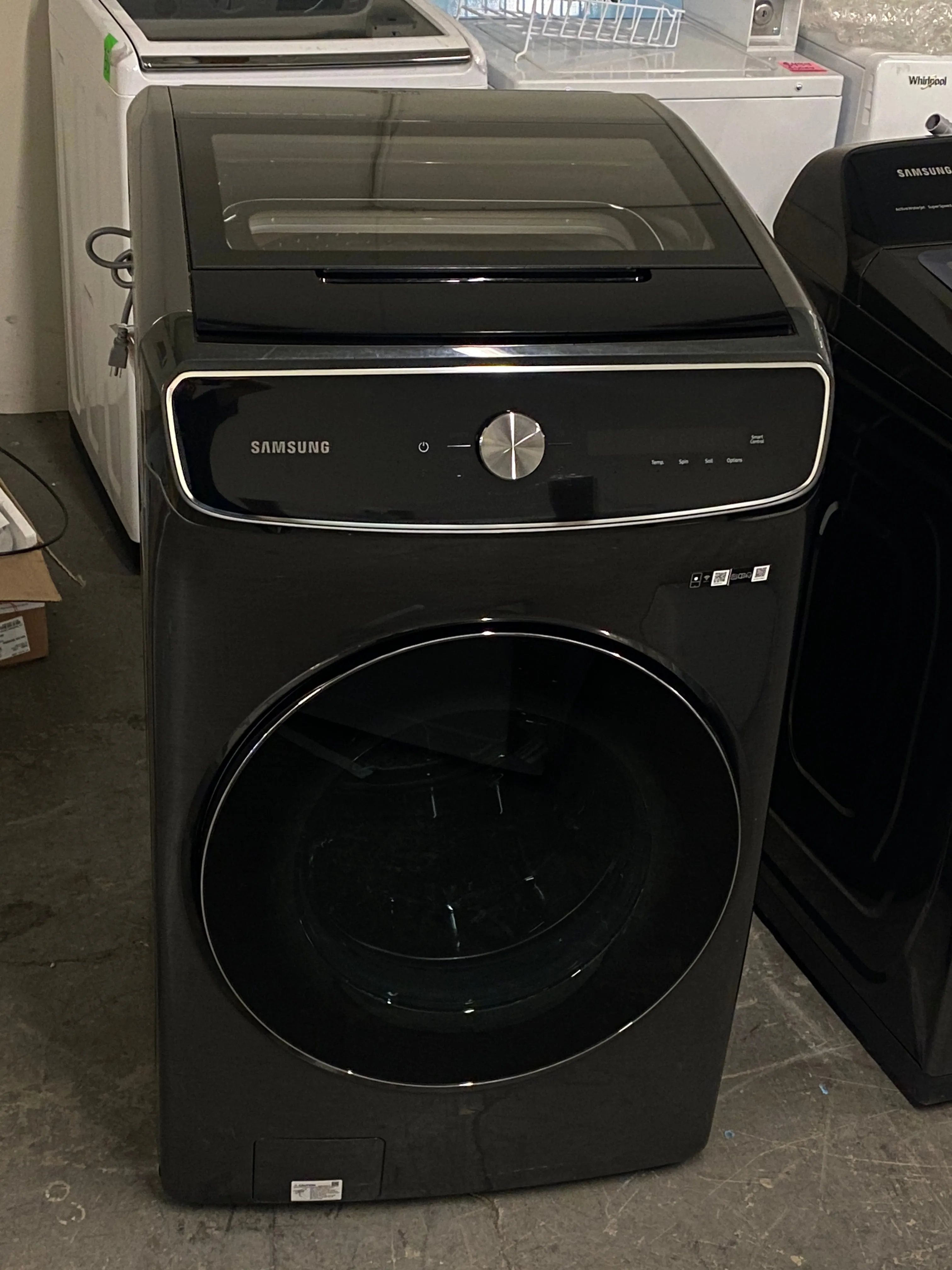 Samsung WV60A9900AV 27 Inch Smart Front Load Washer with 6.0 cu. ft. Capacity, 24 Wash Cycles, FlexWash™, Super Speed Wash, CleanGuard™, PowerFoam™, Smart Dial, Steam Cycle, Sanitize, Self Clean , and Energy Star®: Black