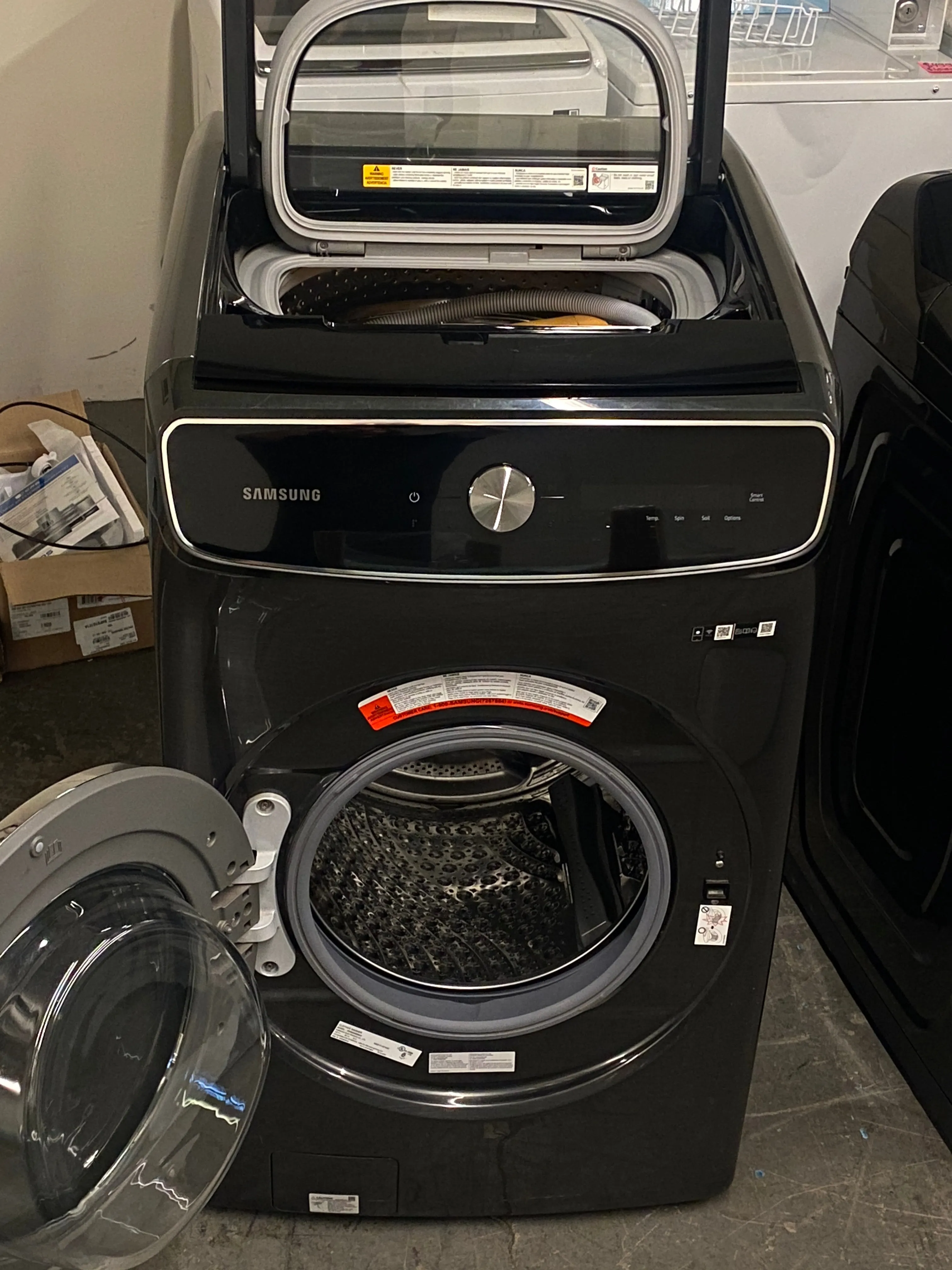 Samsung WV60A9900AV 27 Inch Smart Front Load Washer with 6.0 cu. ft. Capacity, 24 Wash Cycles, FlexWash™, Super Speed Wash, CleanGuard™, PowerFoam™, Smart Dial, Steam Cycle, Sanitize, Self Clean , and Energy Star®: Black