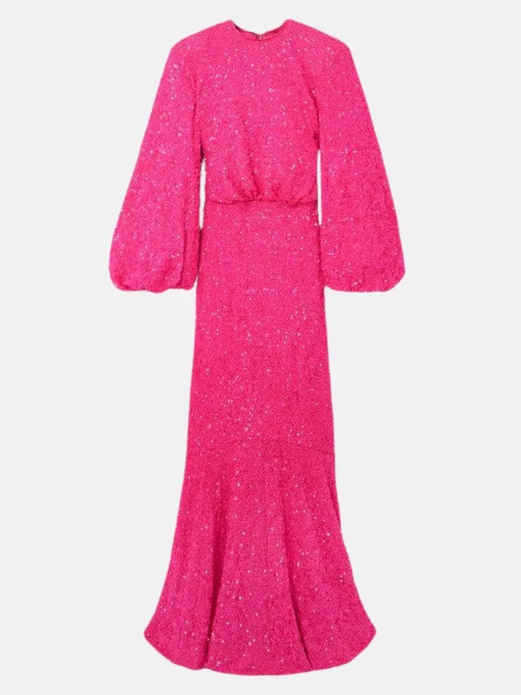 Sequined Stretch Recycle Tulle Gown in Pink