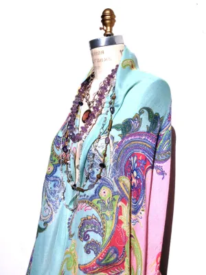 Shawl Silk And Cashmere Pink Turquoise Paisley