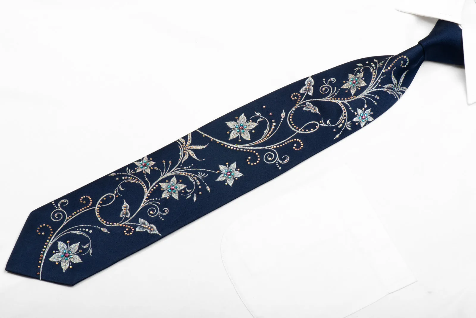 Silver Floral On Navy Rhinestone Silk Tie With Sparkles