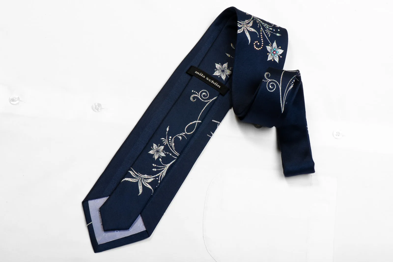 Silver Floral On Navy Rhinestone Silk Tie With Sparkles