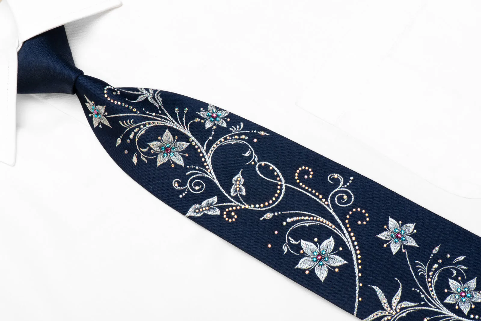 Silver Floral On Navy Rhinestone Silk Tie With Sparkles